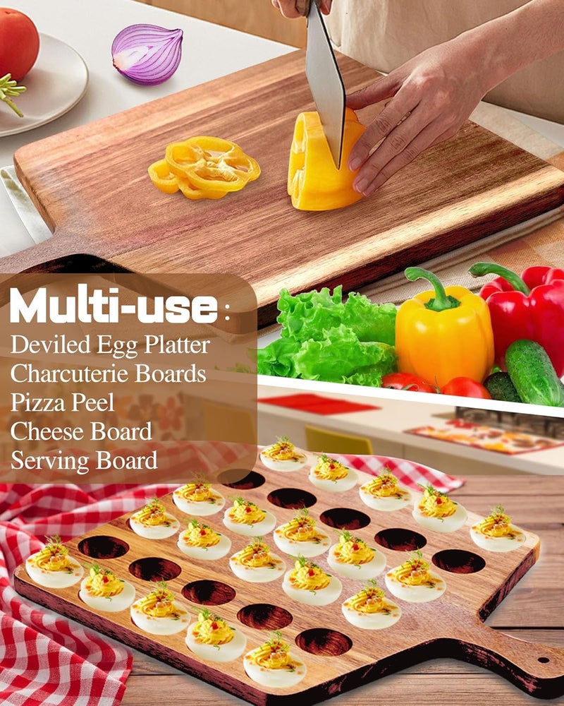 Erwuldor Acacia Wood Deviled Egg Platter.2-Pack (24Holes Round+30Holes Square) Deviled Egg Tray, Multipurpose Charcuterie Board & Cheese Board for Kitchen Countertops - Image 3